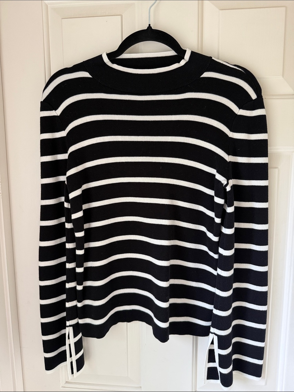 HALOGEN BLACK AND WHITE KNIT STRIPED SWEATER WITH BELL SLEEVES